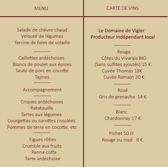 Menu et carte des vins